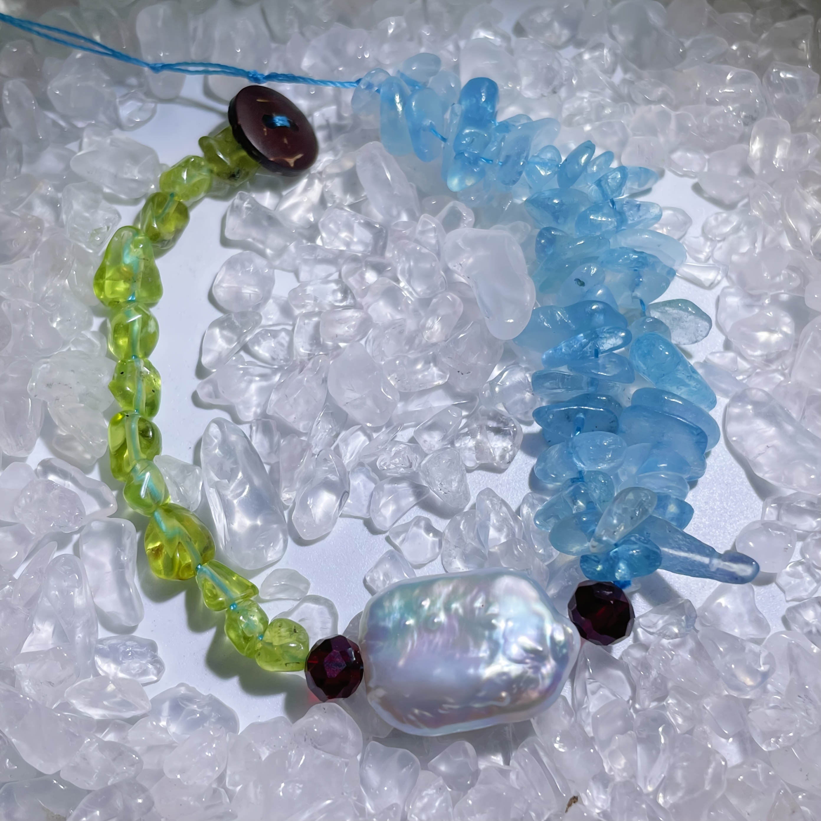 Handmade Adjustable Aquamarine & Peridot Bracelet, Y2K Boho Style